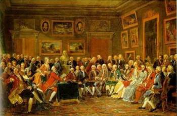 Reunión de intelectuales en un salón ilustrado