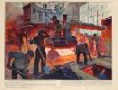 Cartel propagandístico de 1932 sobre el Primer Plan Quinquenal. Representa a unos obreros trabajando en una fábrica de acero. Ampliar imagen